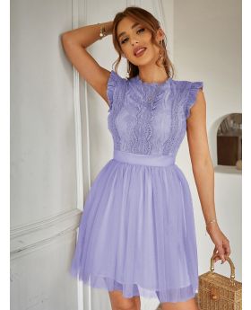Contrast Lace Ruffle Scallop Trim Mesh Dress