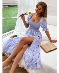 Allover Floral Shirred Split Thigh Dress